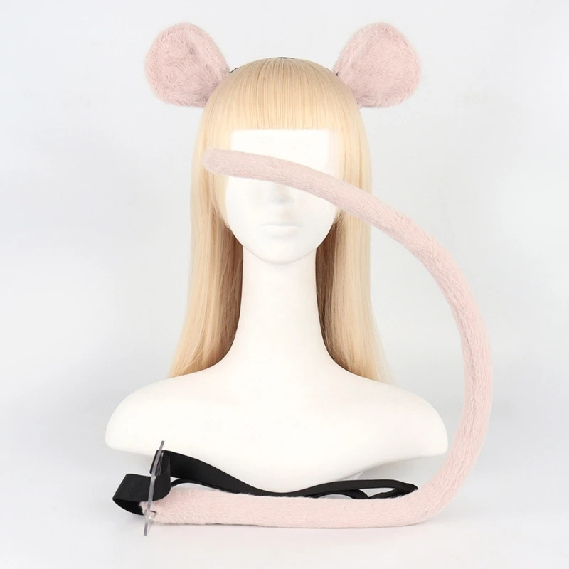 2024 New Ears and Tail Set Furry Mouse Ears Headband with Tail Halloween Cosplay Party Mouse Costume Accessories Kids-Adult