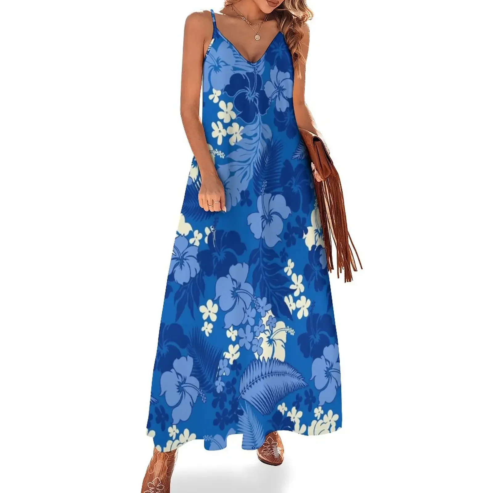 Kona Bay-Camisa feminina hibiscus havaiana, estampa aloha, azul royal, vestido sem mangas, vestidos de noite, verão, 2022