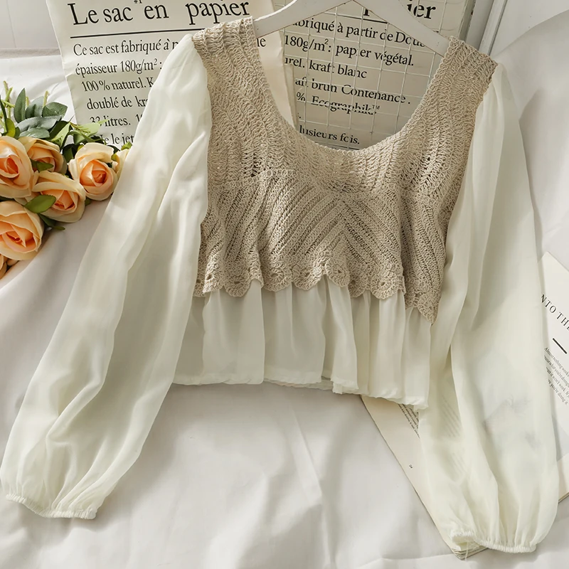 Crochet Top with Chiffon Flower Embroidery Long Sleeve Square-neck Fake Two-Piece Blouse Spring Summer Fairycore Cottagecore