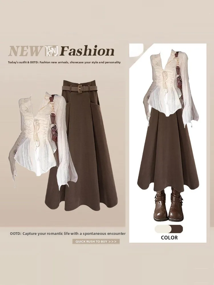 

Retro Hong Kong Sle Commute Faion Set Women's Spring Slim Fit V-ne irt High Waist Skirt Two-piece Ensemble