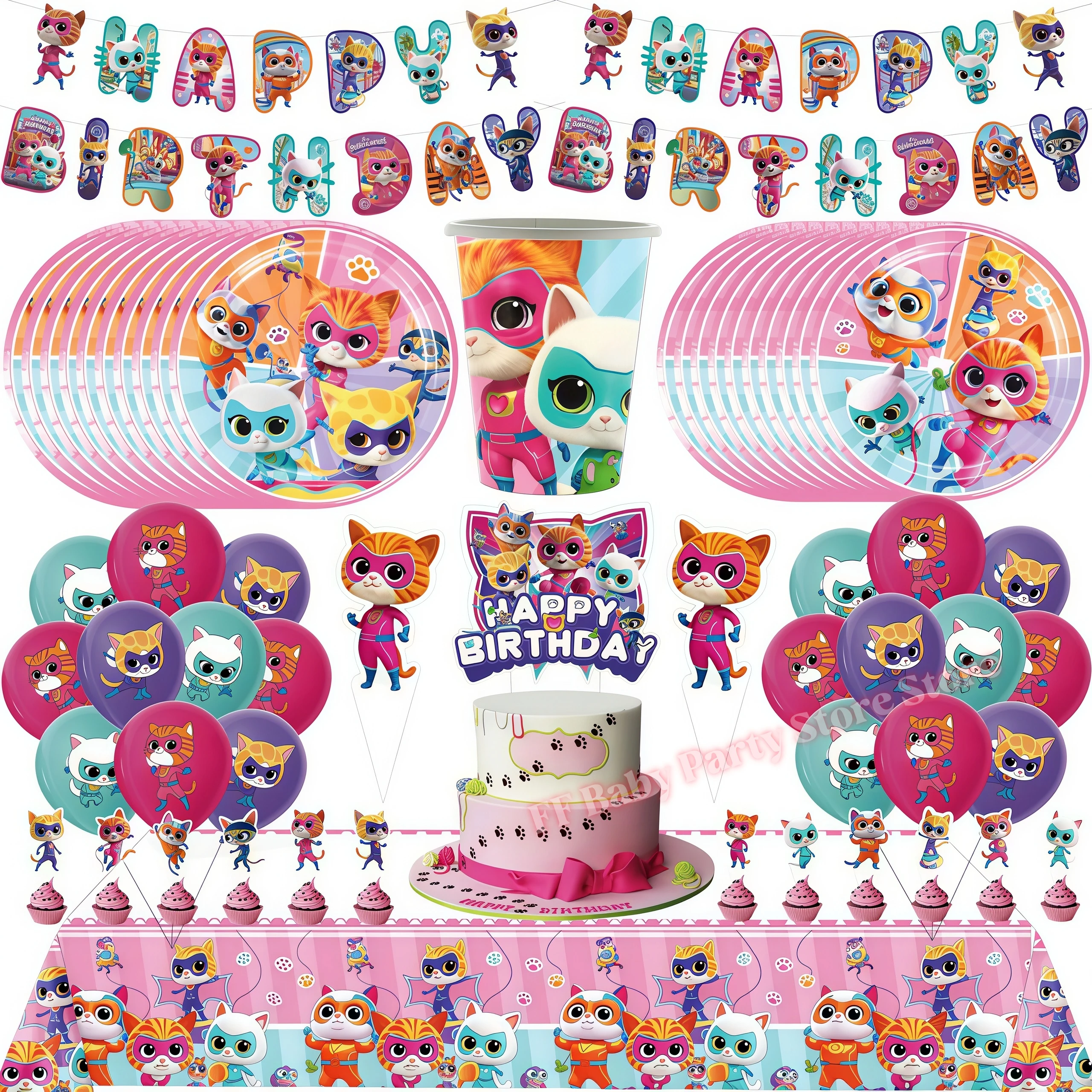 Image of SuperKittyed Geburtstagsparty-Dekoration Mädchen-Party-Geschenke Pfoten-Miau-Katzen-Teller Becher Servietten Ballons Requisiten Baby-Shower-Zubehör Geschenk