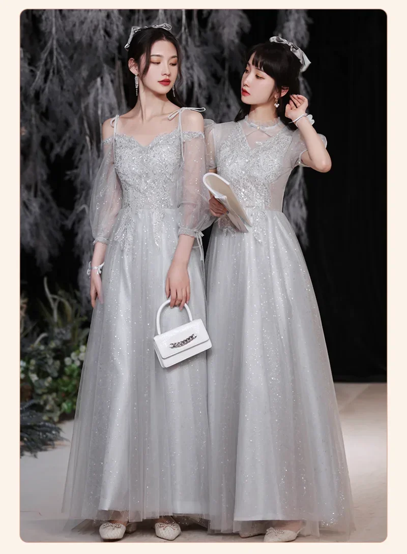 Elegant Wedding Bridesmaid Dress for Women Retro Mesh Big Swing Party Evening Dresses Lace-up Long Banquet Prom Vestido 2024