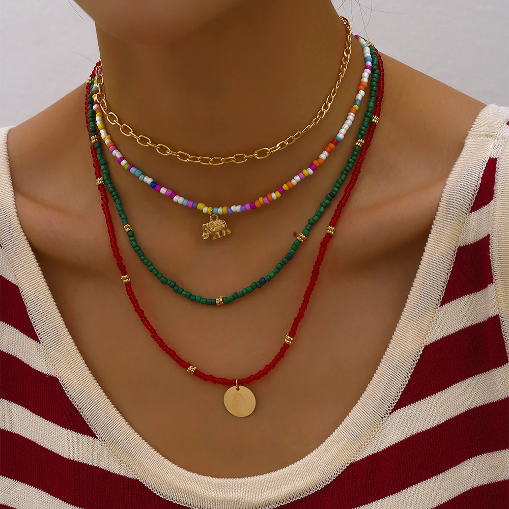Bohemian Multilayer Handmade Beads Chain Fashion Necklaces Sheet Elephant Pendant Jewelry For Women Valentine\'s Gift X0210