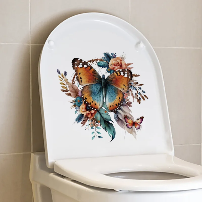 Butterfly Flower Toilet Sticker Bathroom Toilet Lid Decoration Waterproof Self-adhesive Painting Wall Decor