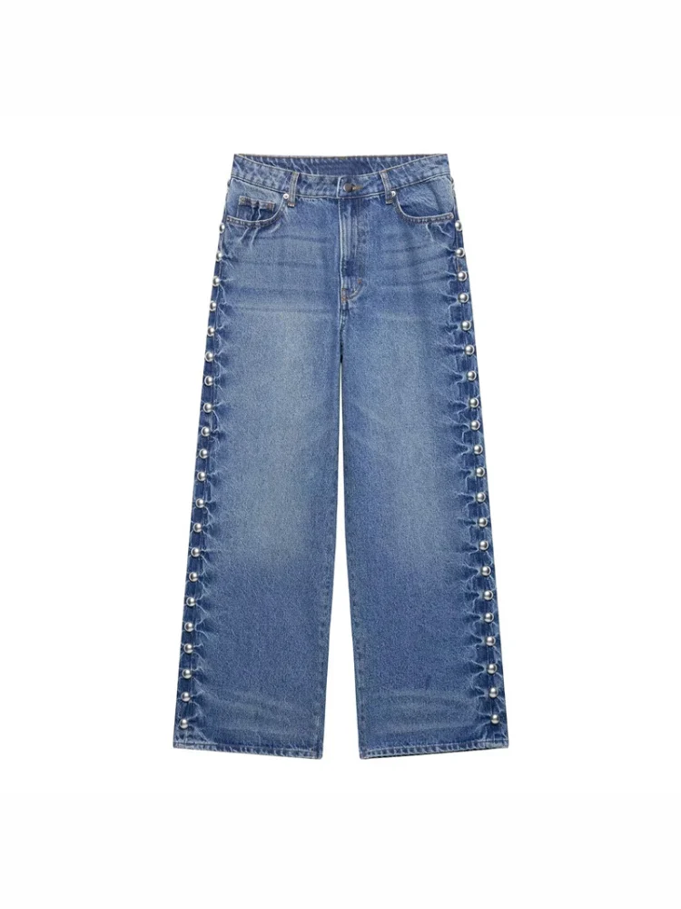 Verão novo feminino n sle versátil meados de cintura perna reta jeans metal rebite decorado casual calças compridas suporte ajuste