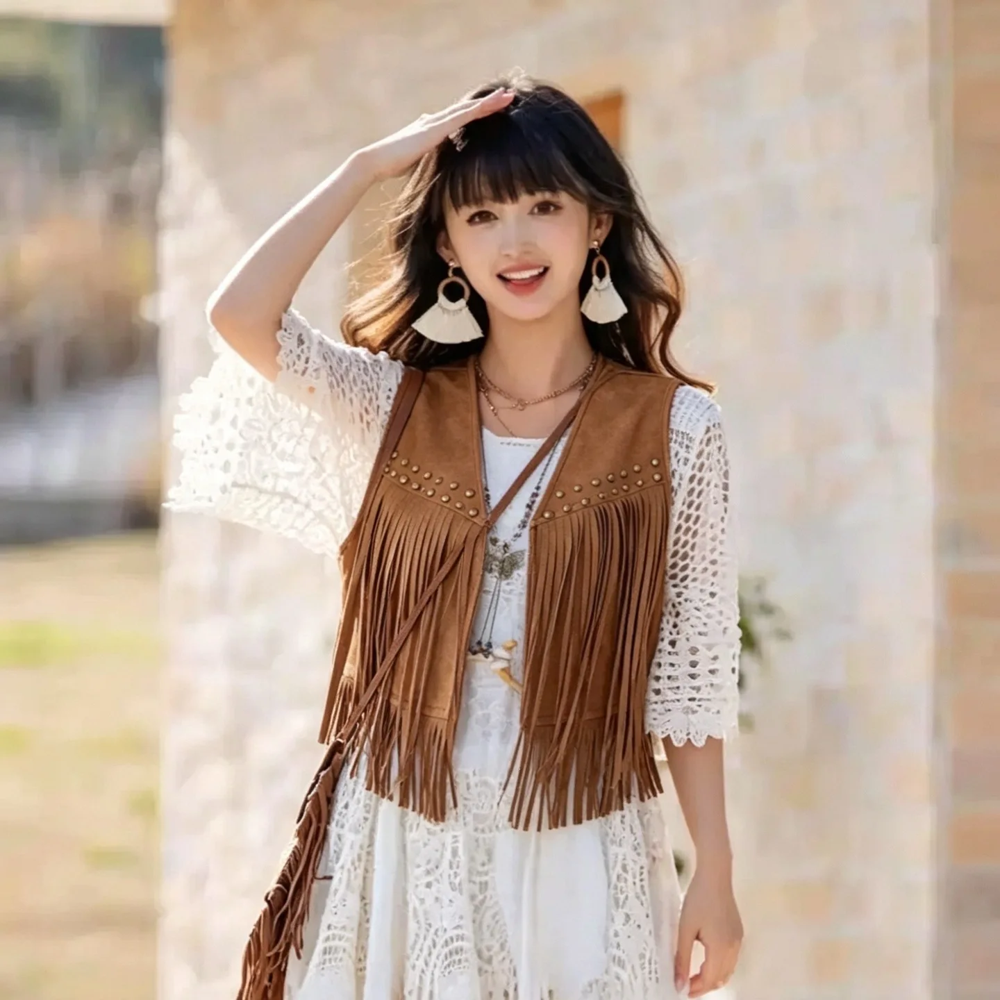 Summer 2026 Women's Hippie Style Sleeveless Open Cardigan Vest Cross-Border New Arrival Light Weight Ultra-Short Length Top