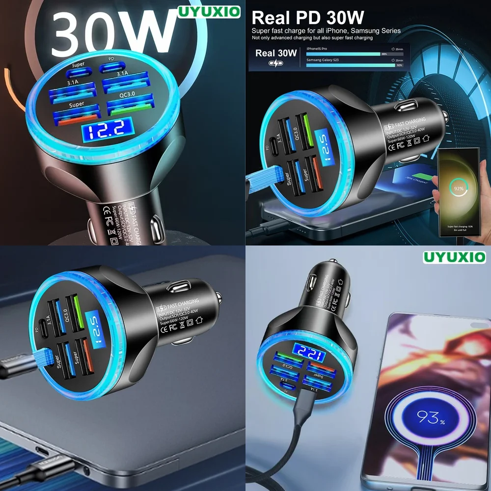 Car Charger LED Digital Display 6 Ports Super Fast Fast Charging PD 30W for iPhone 17 16 15 14 Pro Max Plus Plug Smart IC Chip
