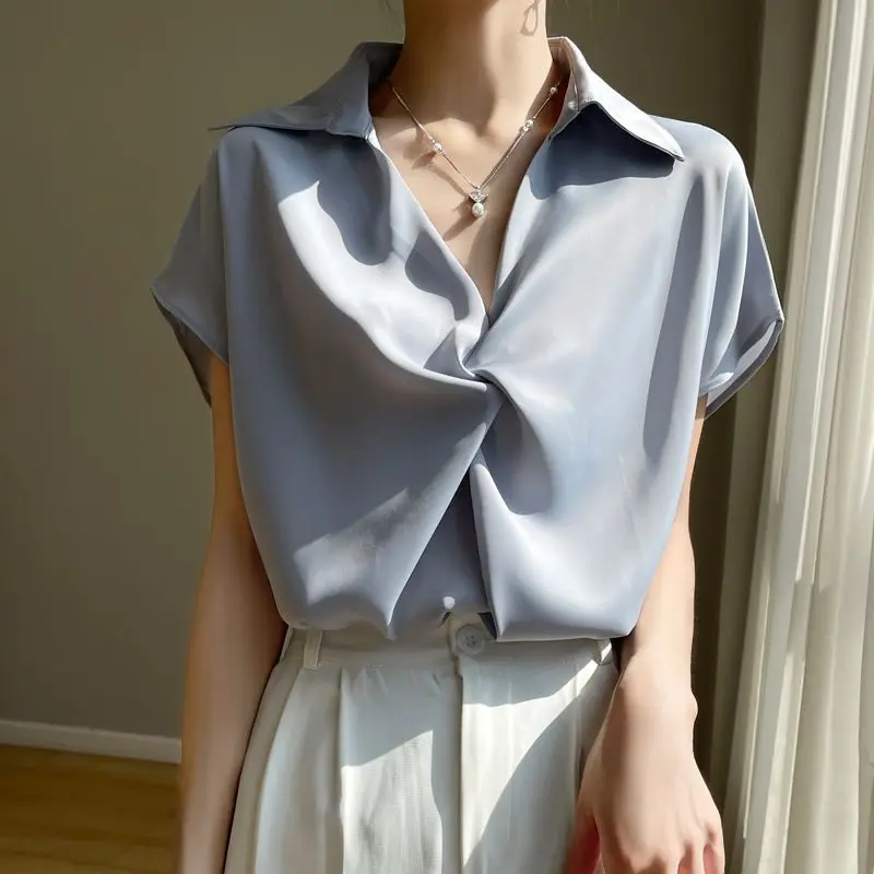 Quality Women's Ice Silk Satin Shirt Loose White T-shirt Turn Down Neck Loose Blouse Basic Short Sleeve Tops Summer Female Tee
