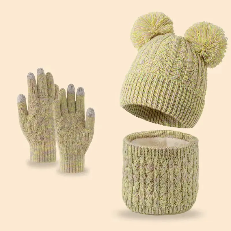 A set of 5-15 years old children's double-line ball fleece thickened knitted cap and fringed scarf and gloves combination set