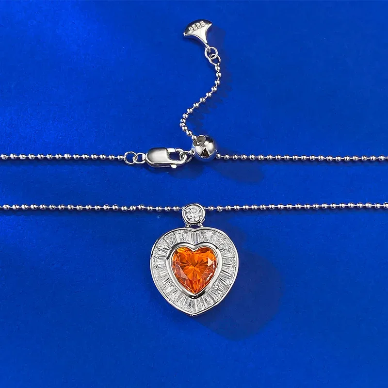 New S925 sterling silver heart-shaped ice flower cut Fanta orange 8 * 8mm heart-shaped pendant necklace hot selling item