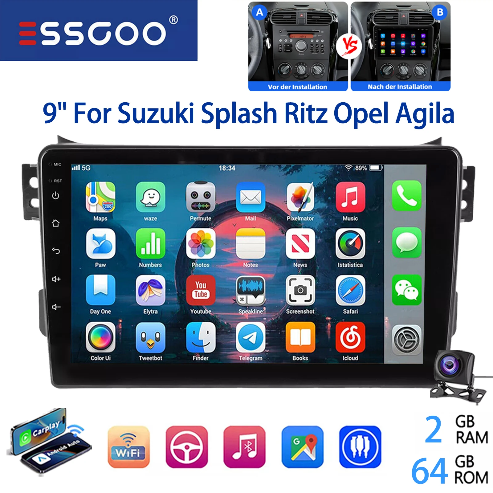 ESSGOO 9" 2 DIN Android 14 Voor Suzuki Splash Opel Agila B 2004-2014 CarPlay Android Auto Autoradio GPS Navigatie FM Wifi BT RDS Mirror Link Multimedia Video Speler