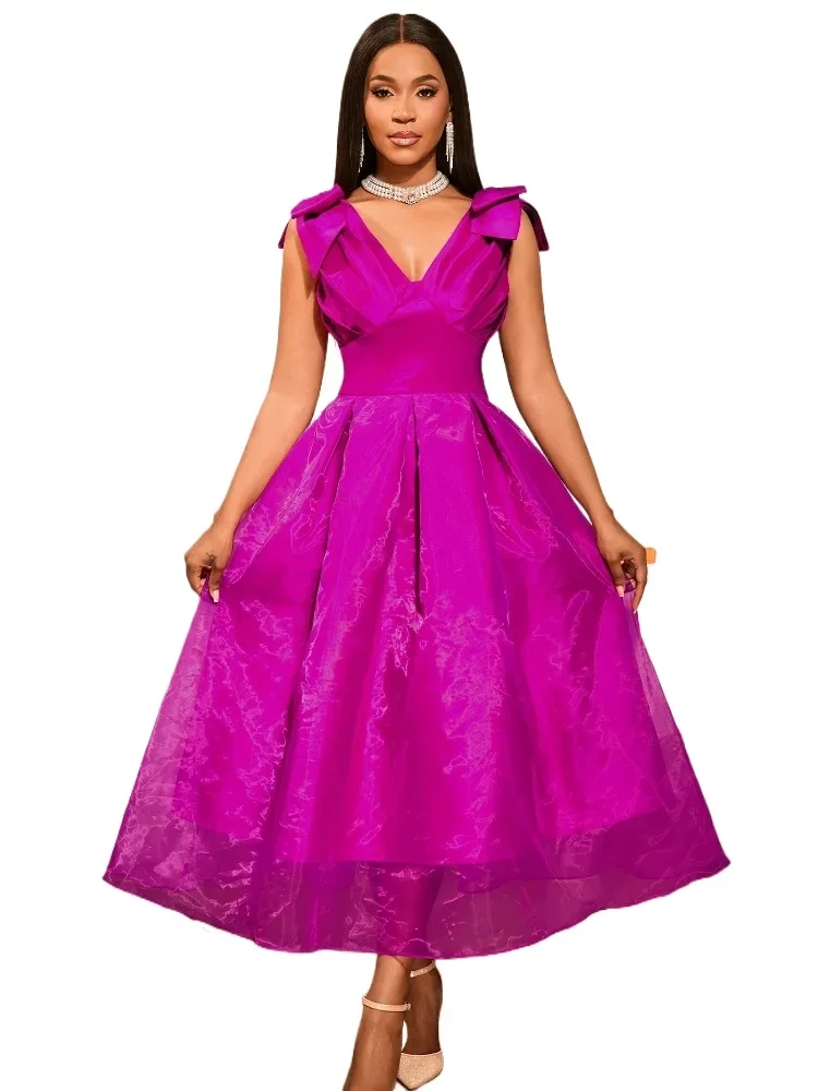 Vestido de verano sin mangas con cuello en V para mujer, hasta el tobillo, ajustado, elegante, plisado, con lazo en la cintura, falda completa, línea A para fiesta Formal de boda