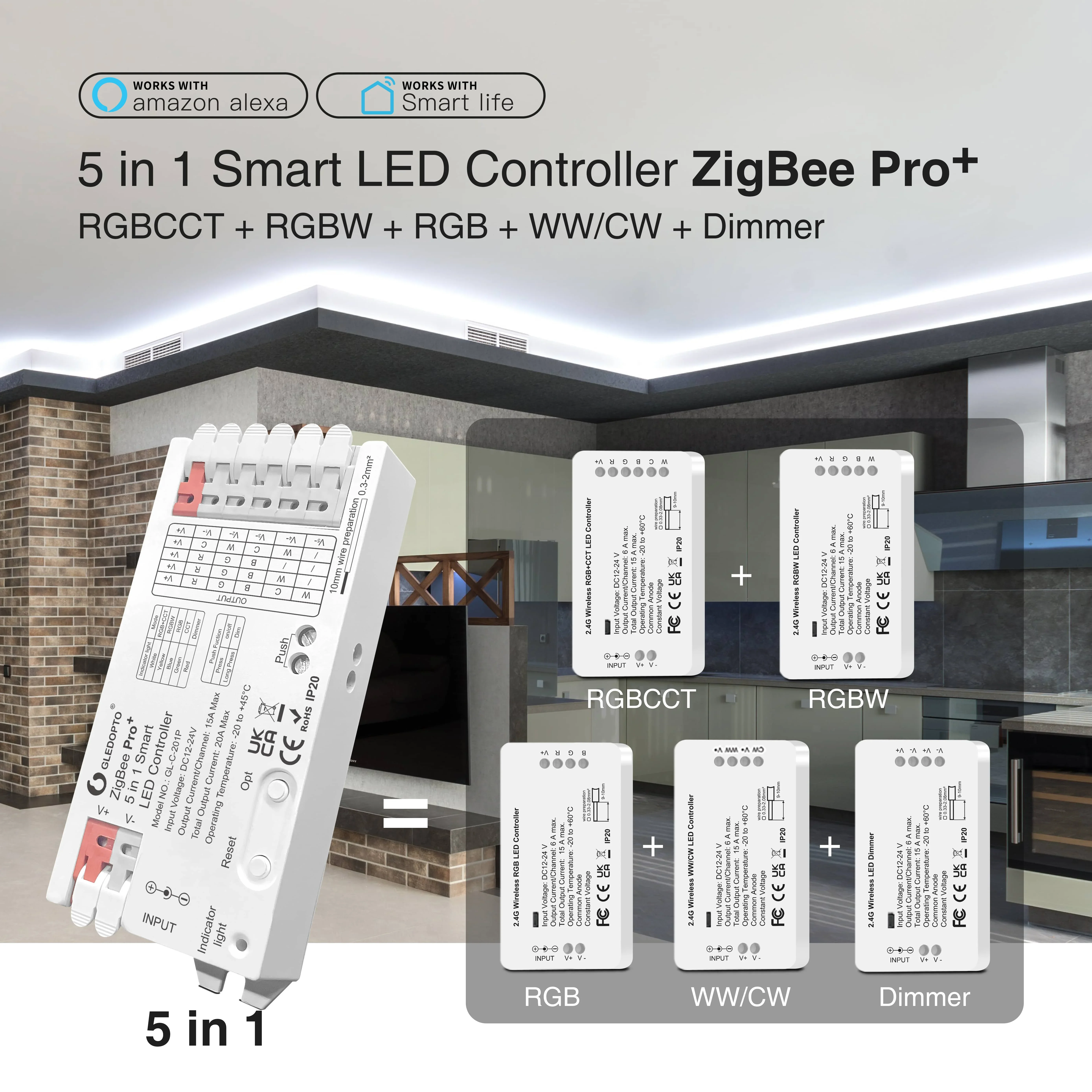 GLEDOPTO ZigBee 3.0 Pro+ LED Strip Controller 5 in 1 12V 24V RGBCCT RGBW RGB CCT Dimmer Alexa Homey Tuya Smart APP Voice Control