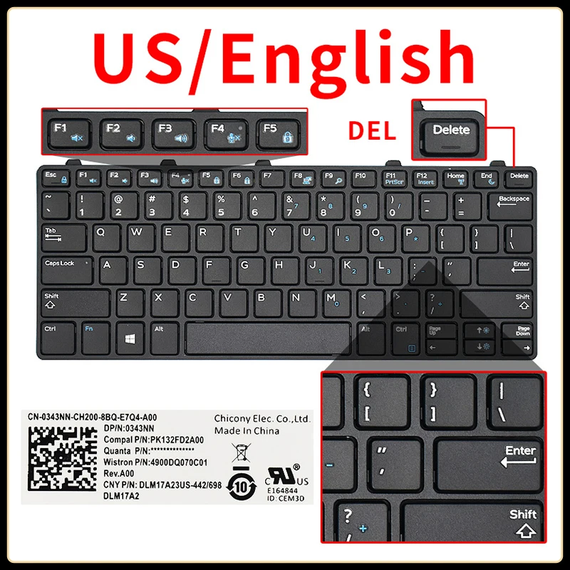 Clavier d'ordinateur portable américain de remplacement, pour DELL Latitude 3180 3181 3189 3190 3300 3310 3380 WVPK0 0K47J PK131WW4A14