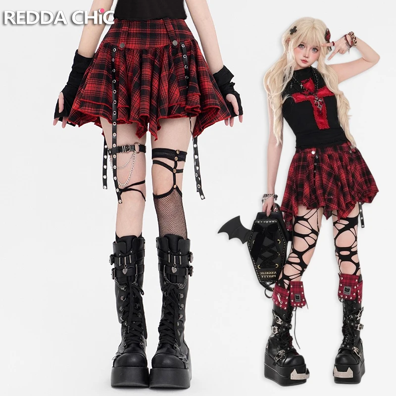 

REDDACHiC Gothic Tartan Plaid Mini Skirt Women High Waist A-Line Leather Belt Irregular Ruffle Flowy Skirt Retro Punk Clothes