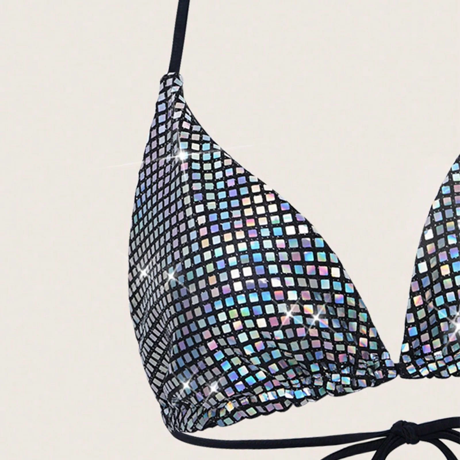 

Womens Metallic Shiny Bikini Top Triangle Cup Backless No-wire No-Pad Lace-up Bra Top Clubwear Beachwear Swimsuit