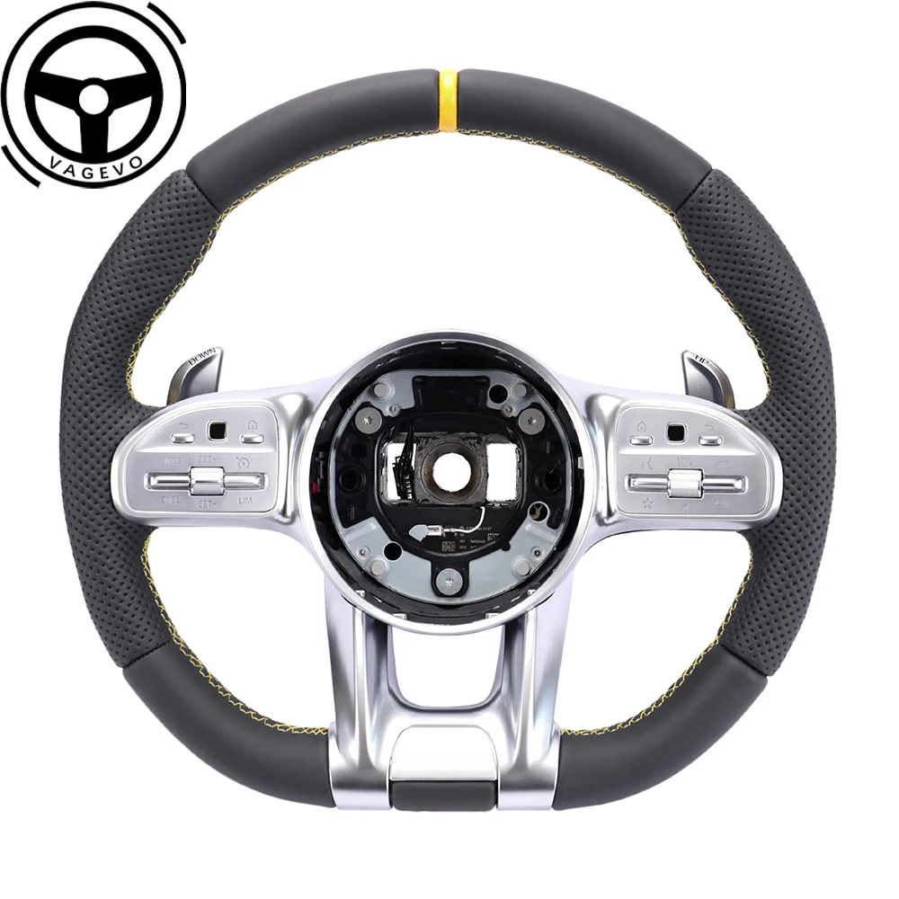 

For Mercedes Benz AMG A/B/C/E/G/S GLA GLB GLS GLE GLC Yellow Stitching Leather Perforated Multifunctional Steering Wheel