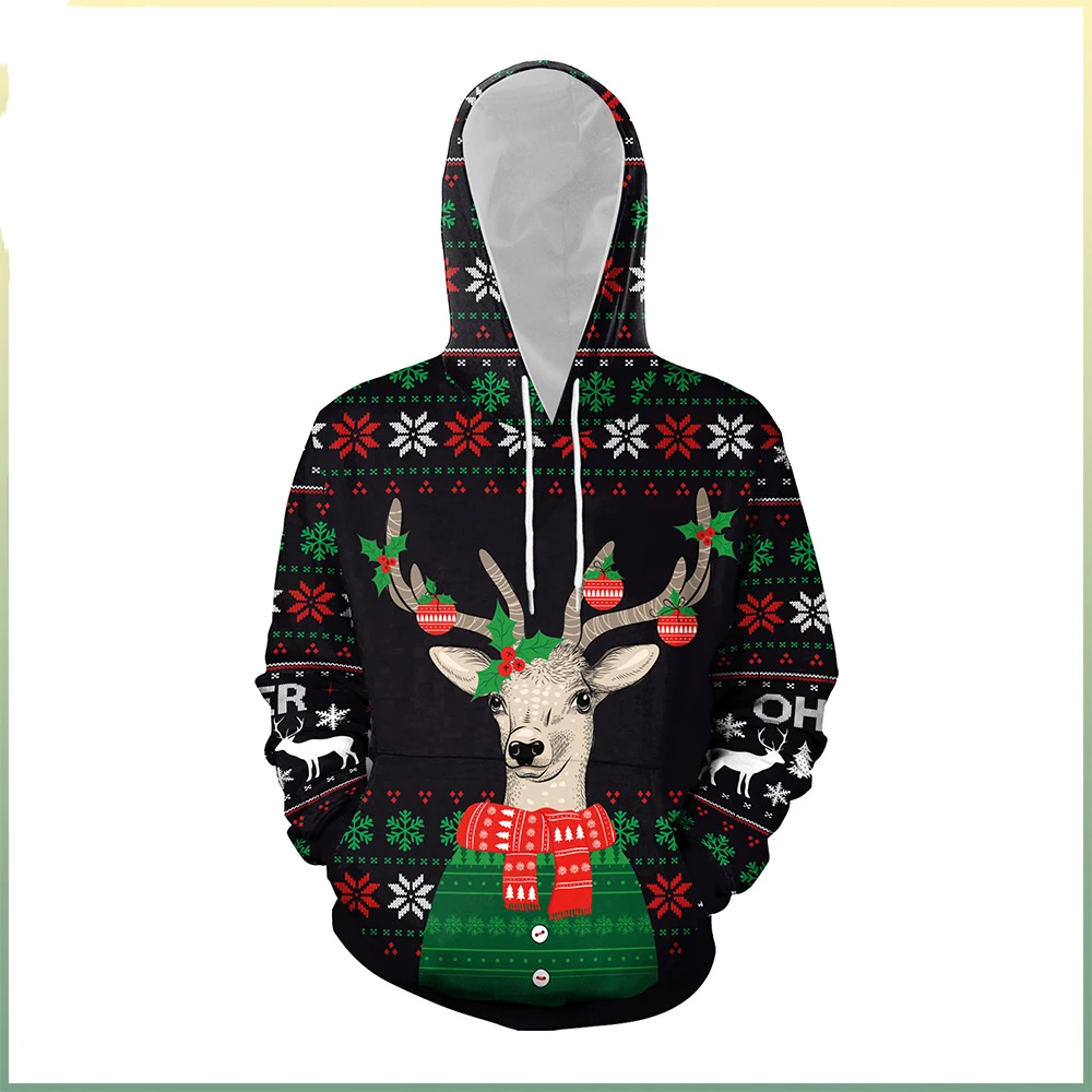 

2024 Autumn and Winter Loose Sweatshirt Elk Digital Print Couple Outfit Top Hooded Casual Sweatshirt Women