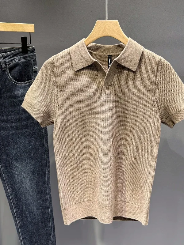 

Мужской трикотажный топ с воротником и коротким рукавом, однотонный, модный, весна-лето, новинка, повседневная одежда, смесовая ткань из полиэстера