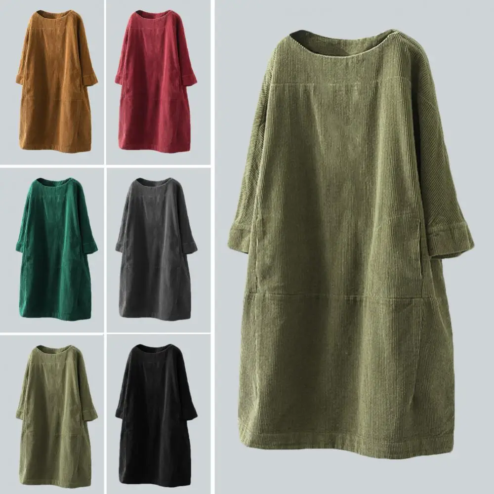 Dress Women Solid Color Midi Dress Casual Loose Autumn Winter Warm Pockets Corduroy Midi Dress