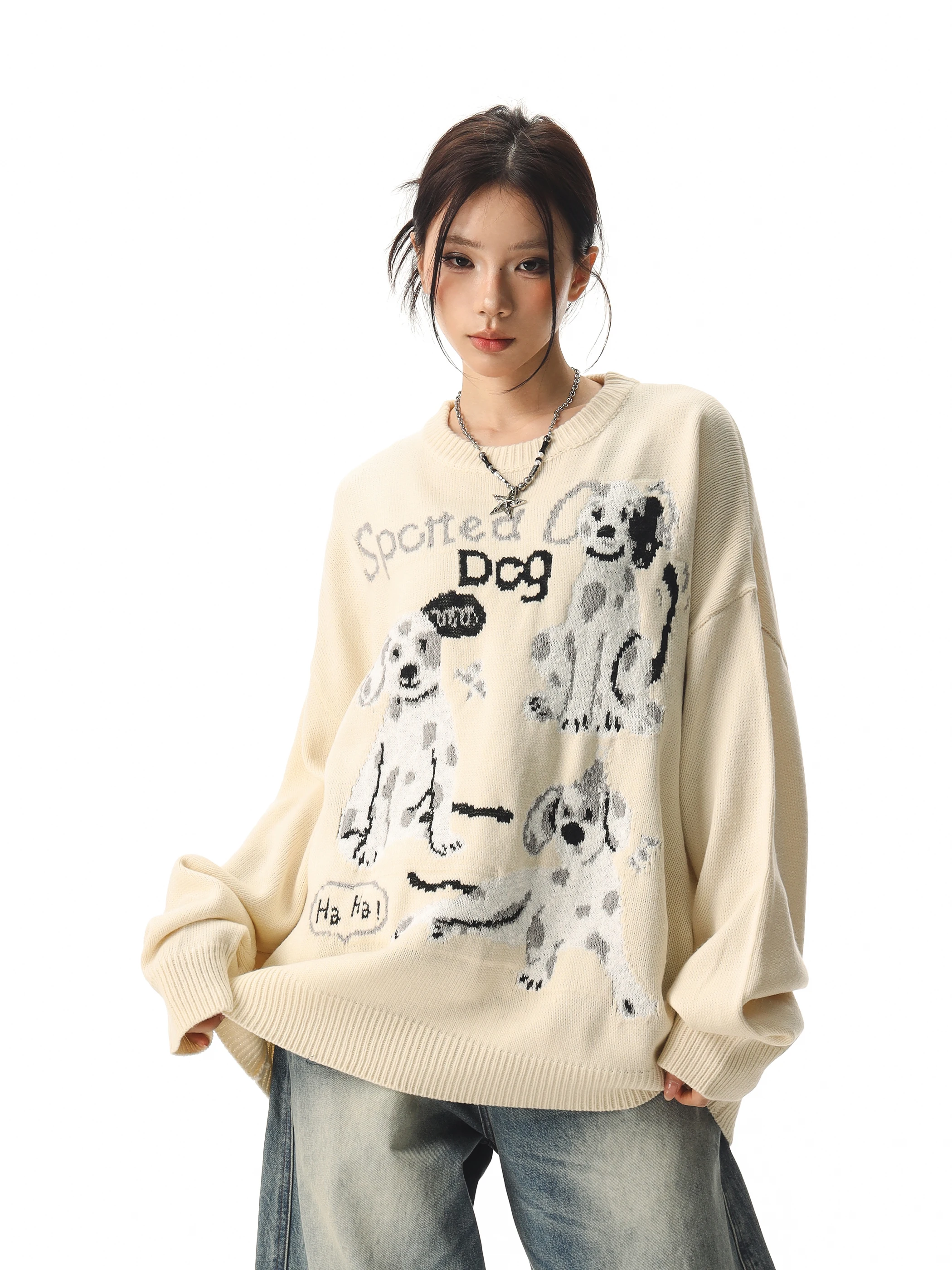 

Осень-зима свободный круглый вязаный свитер для женщин с рисунком собаки Aosphere Feeling American Retro Sle Long Sve Top