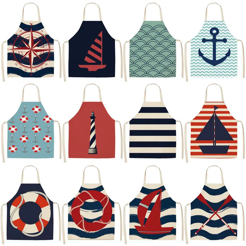 

1Pc Marine Anchor Nautical Ocean Pattern Kitchen Apron for Woman Cotton Linen Aprons Home Cooking Baking Bibs 55x68cm