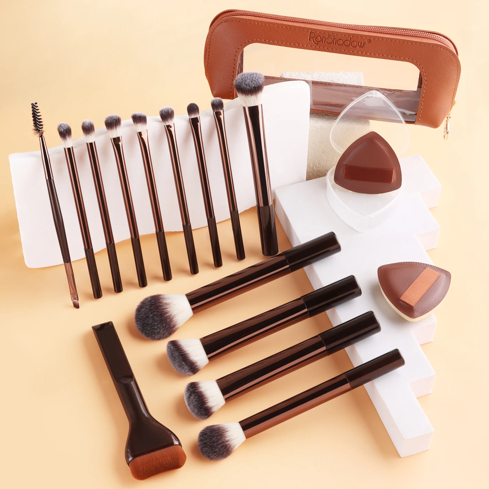 14 Pcs Makeup Brushes Kit with 2 Puffs and 1 Travel Cosmetic Bag for Foundation Eyeshadow Blush