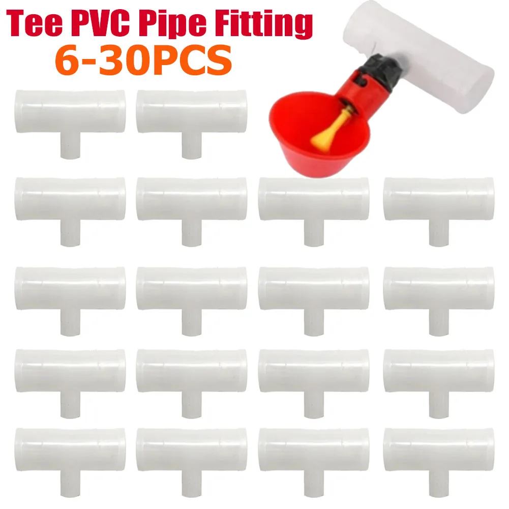 6pcs Tee PVC Pipe Fitting 25/20mm Plastic T-Shaped Coupling Connector Bird Drinker PVC Tee Fittings for Threaded Poultry Nipples