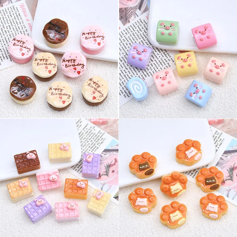 10Pcs Cartoon Animal Cake Biscuit Flatback Resin Cabochon Fake Food DIY Scrapbooking For Phone Decoration Dollhouse Accessories