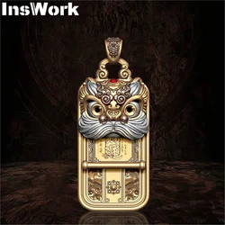 Push Slider Decompression Pendant Men's Keychain Silver Jewelry Chinese Handle Piece Lion Danger Pendant