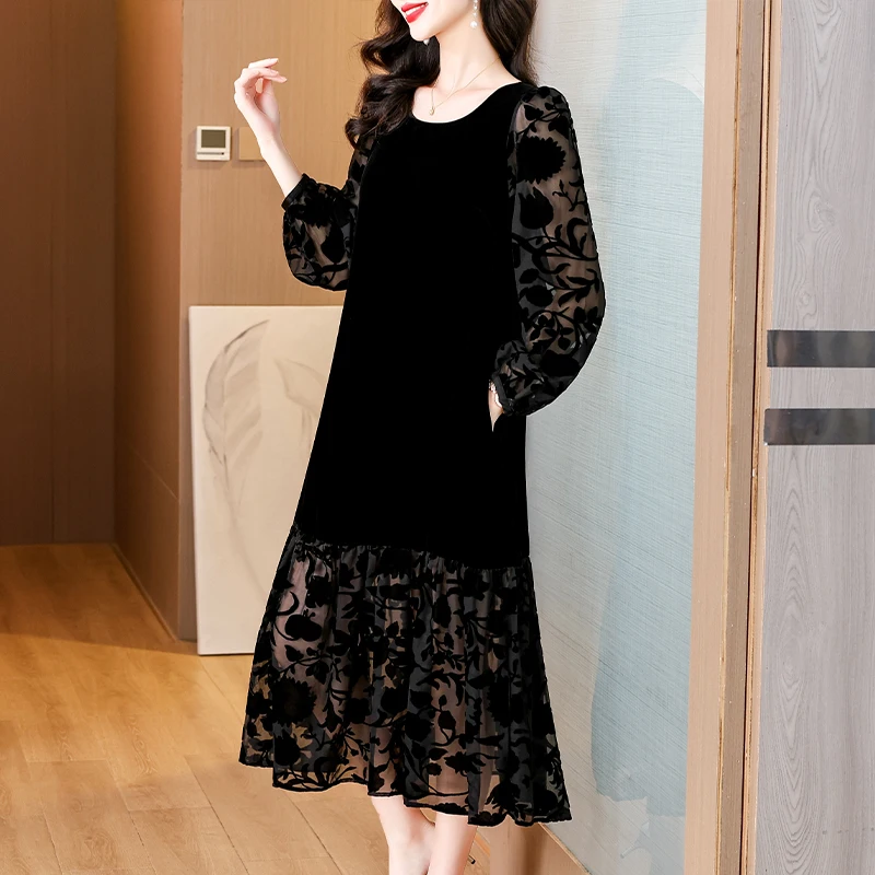 Autumn Winter Formal Occasion Black Velvet Floral Luxury Midi Dress Women Vintage Hepburn Prom 2024 Solid Elegant Casual Dresses