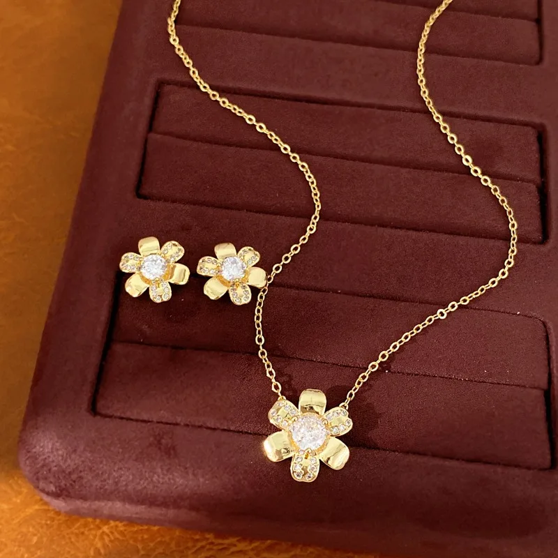 French Retro Flower Jewelry Set for Women, Gold & Silver Tone Inlaid CZ Pendant Necklace & Stud Earrings Versatile Party Gift