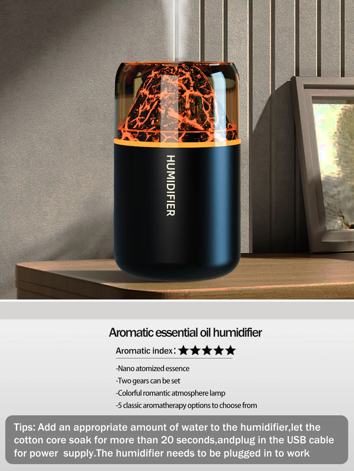 Der USB-Aromatherapie-Diffusor mit simulierten vulkanischen Farblampen ist für den Einsatz in Autos, Häusern, Schlafzimmern und als Geschenk geeignet.
