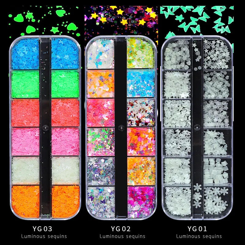 Luminous Butterfly Heart Star Various Shapes Nail Art Sequins Glow in the Dark Neon Nail Glitter Flakes DIY Manicure Decorations