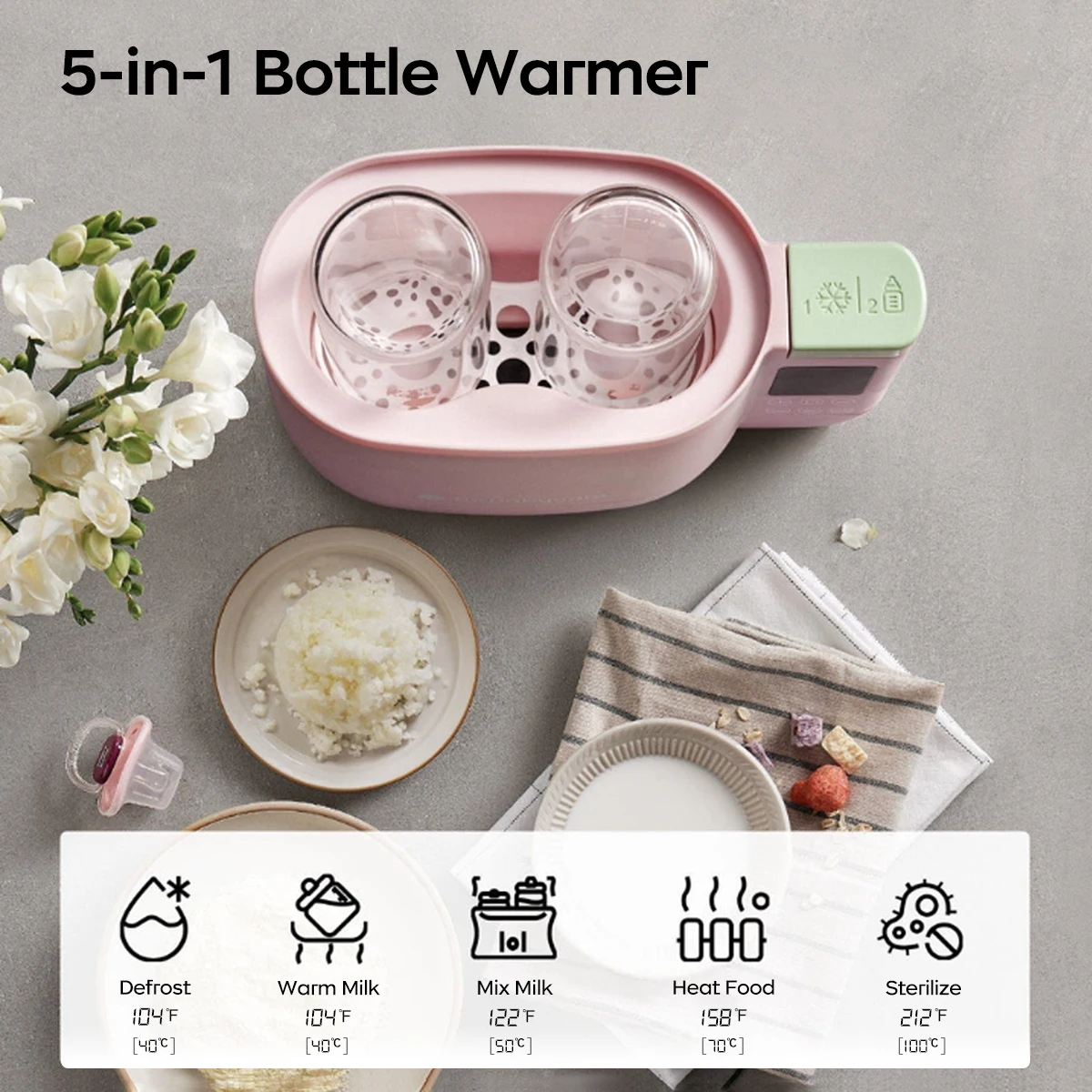 Bc babycare 5 em 1 aquecedor de garrafa elétrico rápido aquecedor de garrafa de bebê, controle de temperatura inteligente aquecedor multifuncional de leite materno,