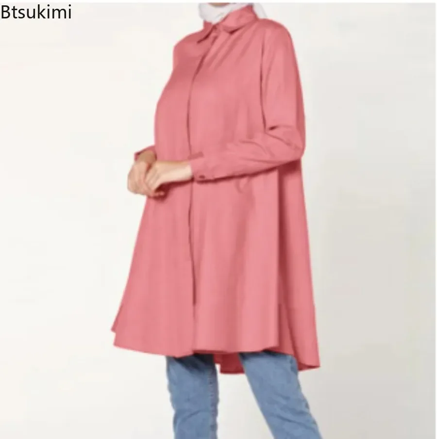 

2025 Muslim Fashion Abayas for Women Oversized Solid Loose Casual Cardigan Lapel Button Tops Ladies Modest Blouses Elegant Shirt