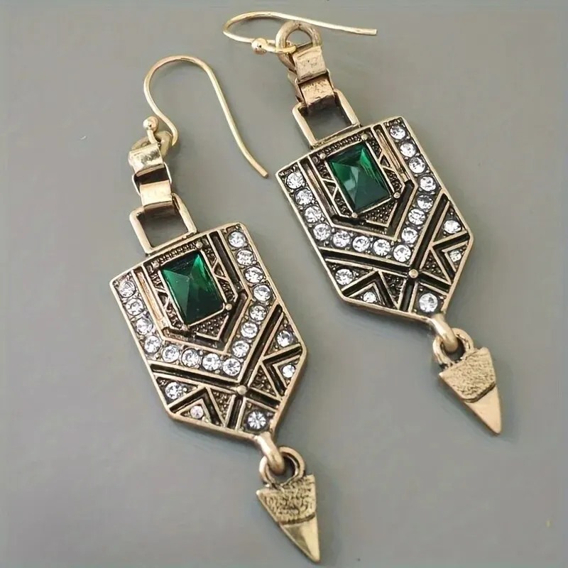 Vintage Palace Style Geometric Design Green Zircon Pendant Earrings, Exquisite and Unique Women's Earrings