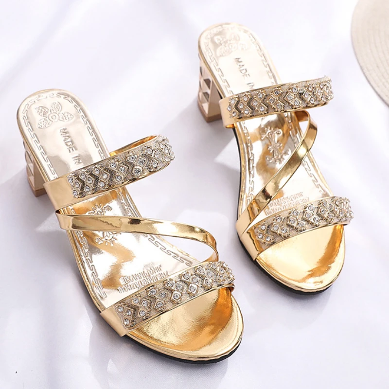 

Luxury Designer Shoes New Women's Sandals Heeled Sandals Female High Heels Rhinestones Luxury Party Shoes Slip on Women Slippers