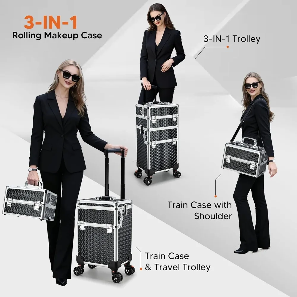 3-in-1 Rolling Makeup Case on Wheels, Large Cosmetic Trolley for Salon, Barber, Nail Tech, Hairstylist, MUA, Black view 2