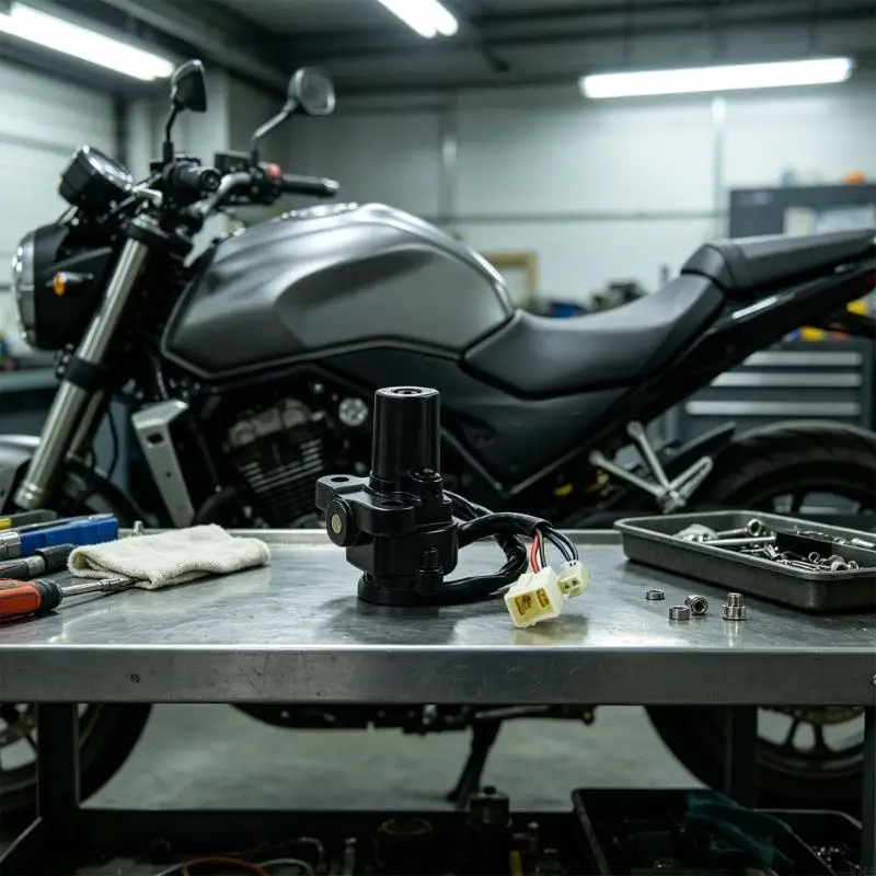M76E Motorrad-Ersatzschloss mit schwarzem Schlosskörper, silberner Metallkappe, zwei Schlüsseln und zwei elektrischen Kupplungskabelbäumen. – Detail 7