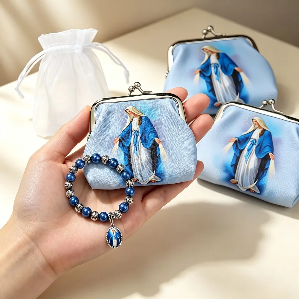 1-5 Conjuntos de Monedero y Pulsera de la Virgen María, Joyería Católica, Bolsa para Monedas, Regalo para Bautizo, Comunión, Fiesta Religiosa