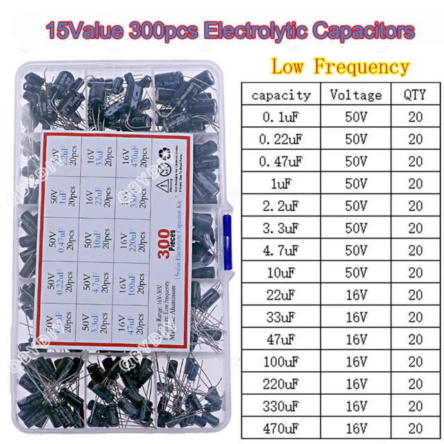 300 sztuk 15 typów 16V 50V 0.1uf-470uF Kondensator elektrolityczny Kombinacja Zestaw różnych zestawów