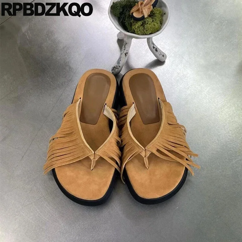 

Tassel Muffin Slippers Flats Brown High Sole Nubuck Slides Shoes Genuine Leather Women Fringe Flatforms Thick Flip Flop Sandals