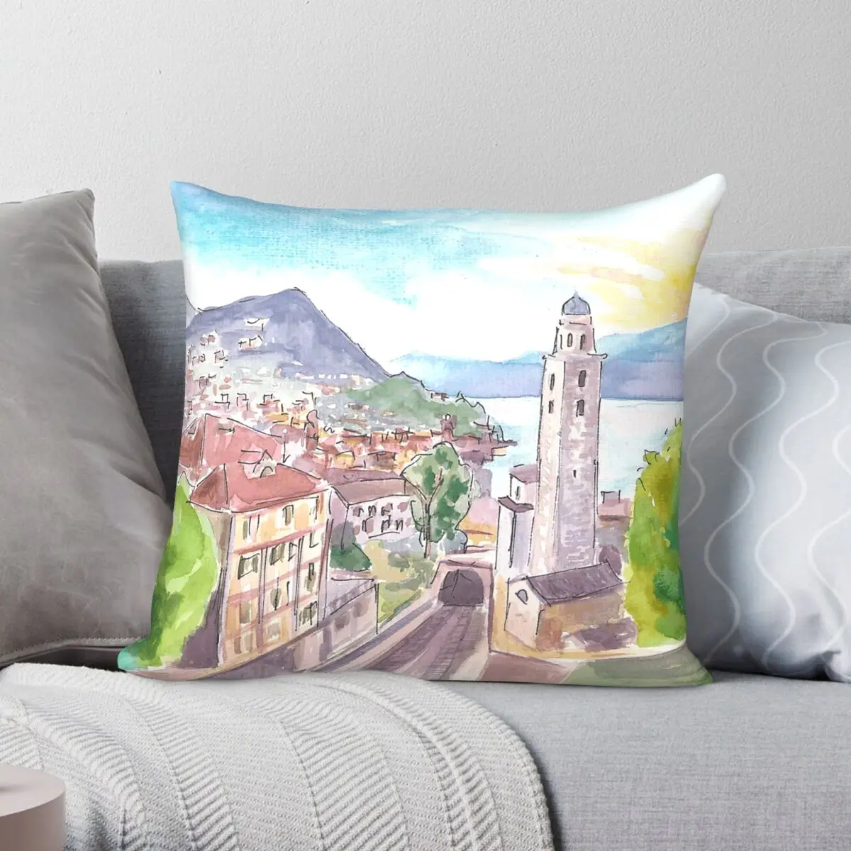 Funda de almohada Lugano Ticino Suiza, funda de almohada decorativa con cremallera creativa de terciopelo y lino de poliéster, funda de cojín para el hogar