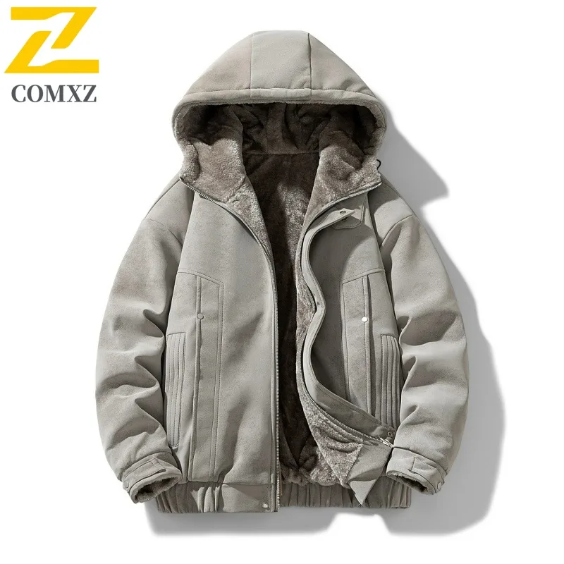 

Men's Cotton Padded Jacket Hooded Winter Plush Feel Fabric Reversible Coat Trendy Quilted Outerwear Thermal Keep Warm Menswear