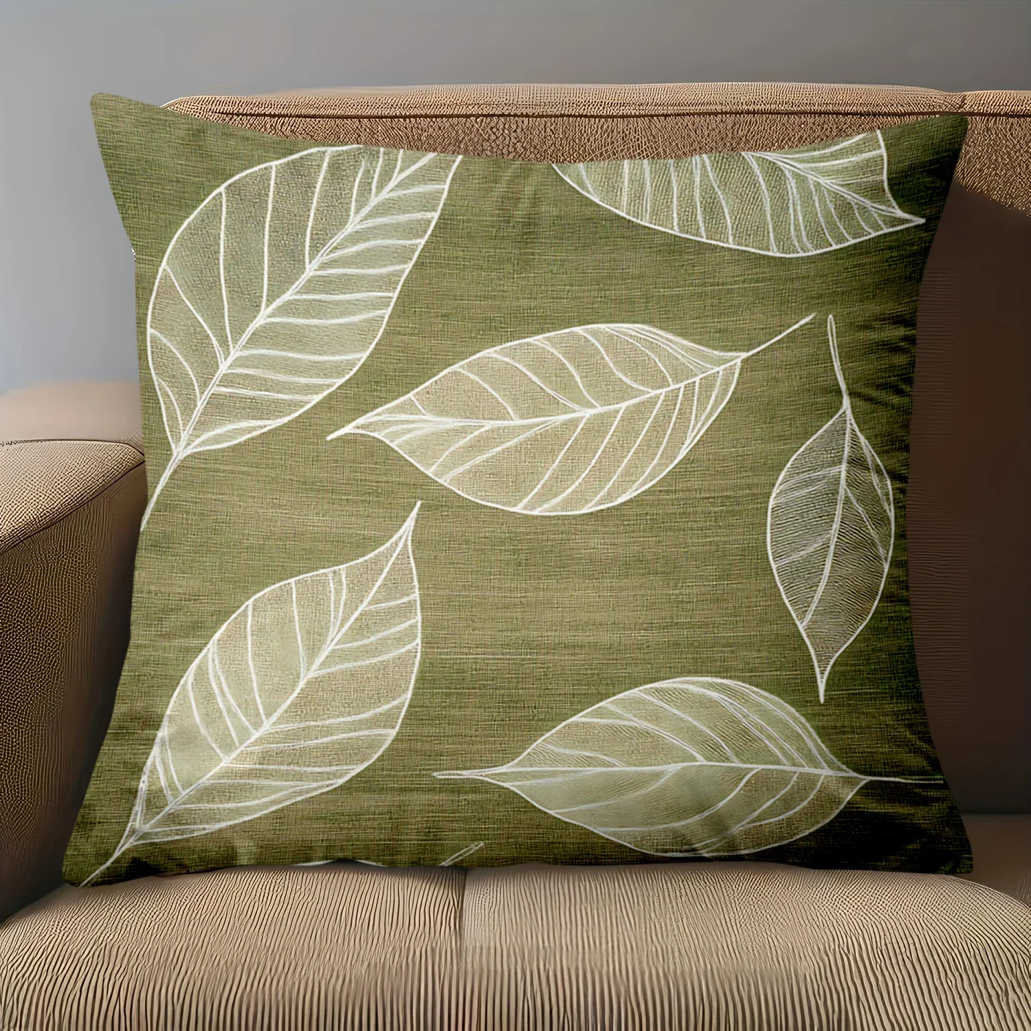 Double Sided Olive Green Leaf Patterned Decorative Throw Pillowcase - 2D Flat Printed Sofa Cushion Cover with Lace Edge, 1PC