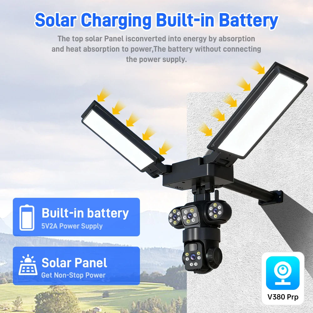 كاميرا شمسية 4G/LTE 3 عدسات 3 شاشات، تتبع تلقائي بدقة 6 ميجابكسل 360 درجة ° PTZ، لا حاجة إلى WiFi، بطارية مدمجة، صفارة الإنذار، CCTV الخارجية V380 Pro #5