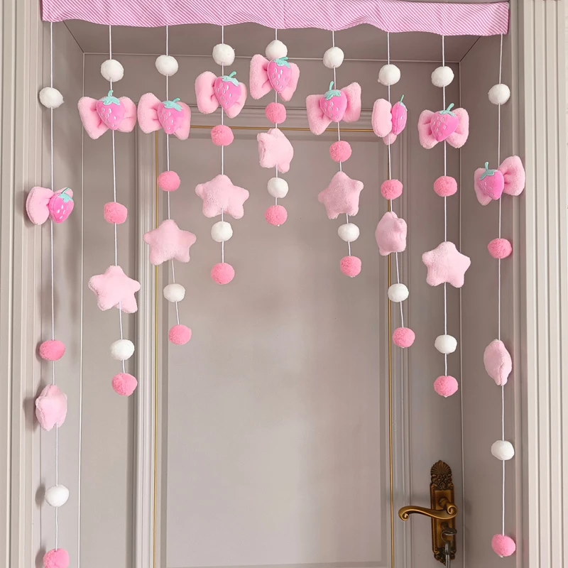 Pink Strawberry Handmade Short Curtain Thread Partition Hanging Window Decor Dormitory Doorway Curtain Door Curtain Girl Bedroom
