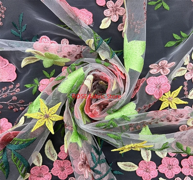 25 Colors Beautiful  Pretty Pink Flower Embroidery Fabric, Leave Floral Lace tulle for Wedding Gown, Party Dress, Garden Dress view 3