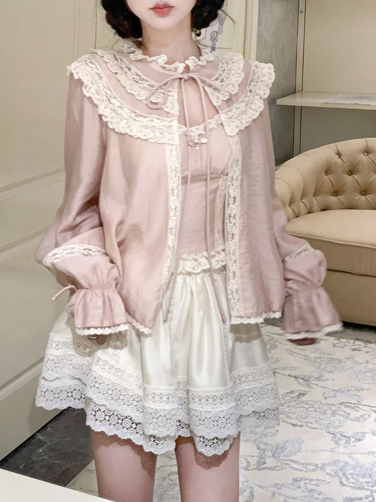 

2025 Chinese Style Fashion 3 Piece Set Women Openwork Cardigan + Lace Sling + Mini Skirt New Design Chic Sweet Natural Slim Suit